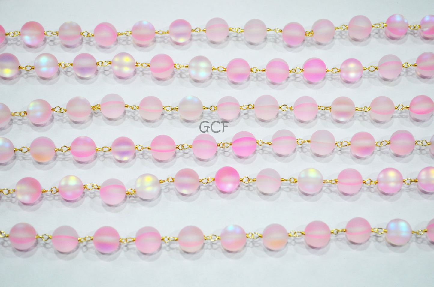 Pink Doublet Hydro Glass Smooth Rosary Beaded Chain , Pink Doublet Hydro Glass Round Shape Wire Wrapped Chain , 8 mm , RB-7105