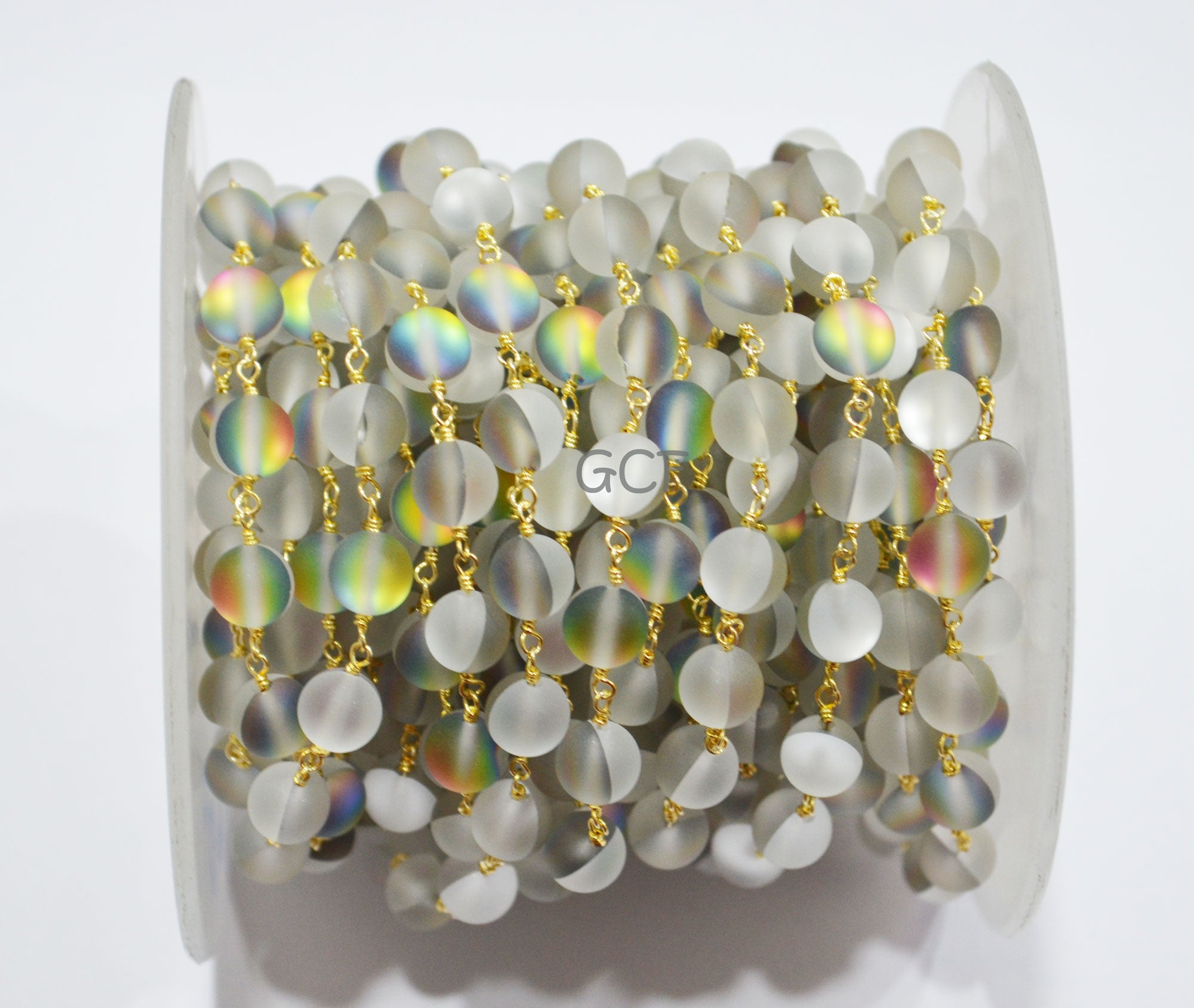 White And Grey Doublet Hydro Glass Smooth Rosary Chain , White And Grey Doublet Hydro Glass Round Shape Wire Wrapped Chain , 8 mm ,RB-7109