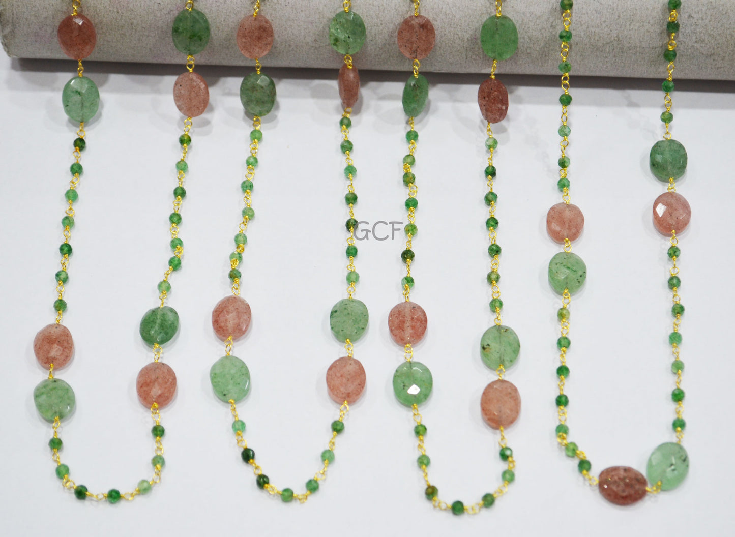 Green Strawberry Quartz Faceted Rondelle Shape Rosary Beaded Chain , Red Strawberry Quartz Oval Shape Wire Wrapped Chain , 3 mm , RB-7133