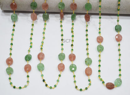 Green Strawberry Quartz Faceted Rondelle Shape Rosary Beaded Chain , Red Strawberry Quartz Oval Shape Wire Wrapped Chain , 3 mm , RB-7133
