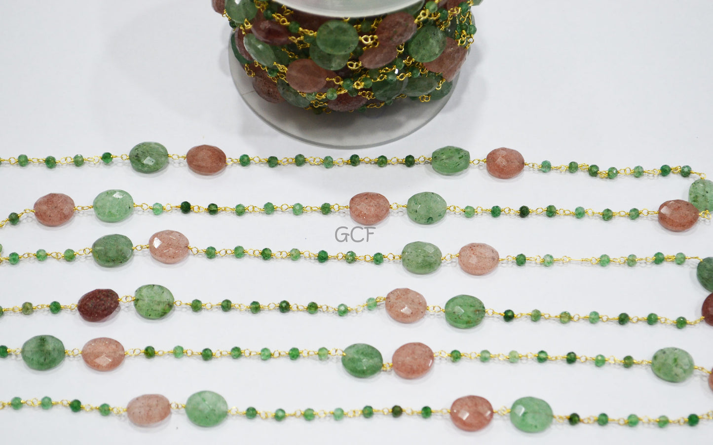 Green Strawberry Quartz Faceted Rondelle Shape Rosary Beaded Chain , Red Strawberry Quartz Oval Shape Wire Wrapped Chain , 3 mm , RB-7133