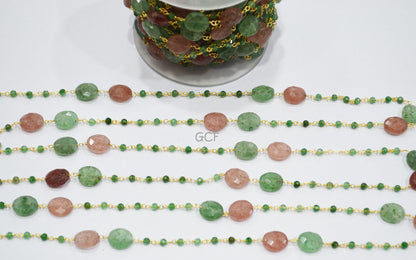 Green Strawberry Quartz Faceted Rondelle Shape Rosary Beaded Chain , Red Strawberry Quartz Oval Shape Wire Wrapped Chain , 3 mm , RB-7133