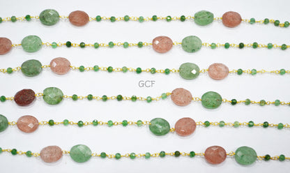 Green Strawberry Quartz Faceted Rondelle Shape Rosary Beaded Chain , Red Strawberry Quartz Oval Shape Wire Wrapped Chain , 3 mm , RB-7133