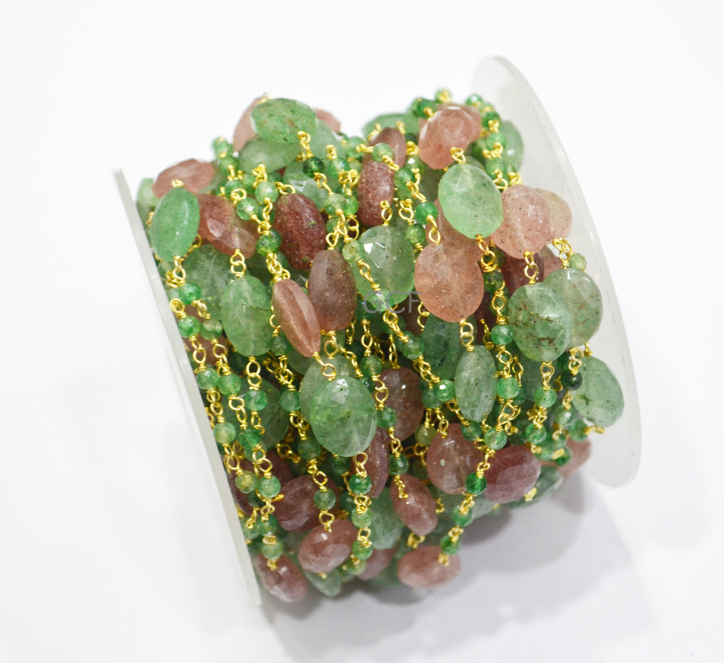 Green Strawberry Quartz Faceted Rondelle Shape Rosary Beaded Chain , Red Strawberry Quartz Oval Shape Wire Wrapped Chain , 3 mm , RB-7133