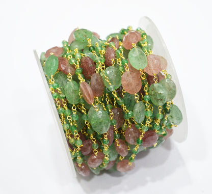 Green Strawberry Quartz Faceted Rondelle Shape Rosary Beaded Chain , Red Strawberry Quartz Oval Shape Wire Wrapped Chain , 3 mm , RB-7133