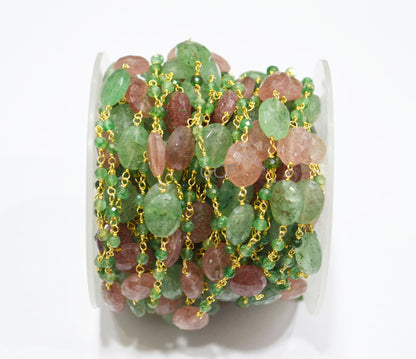Green Strawberry Quartz Faceted Rondelle Shape Rosary Beaded Chain , Red Strawberry Quartz Oval Shape Wire Wrapped Chain , 3 mm , RB-7133
