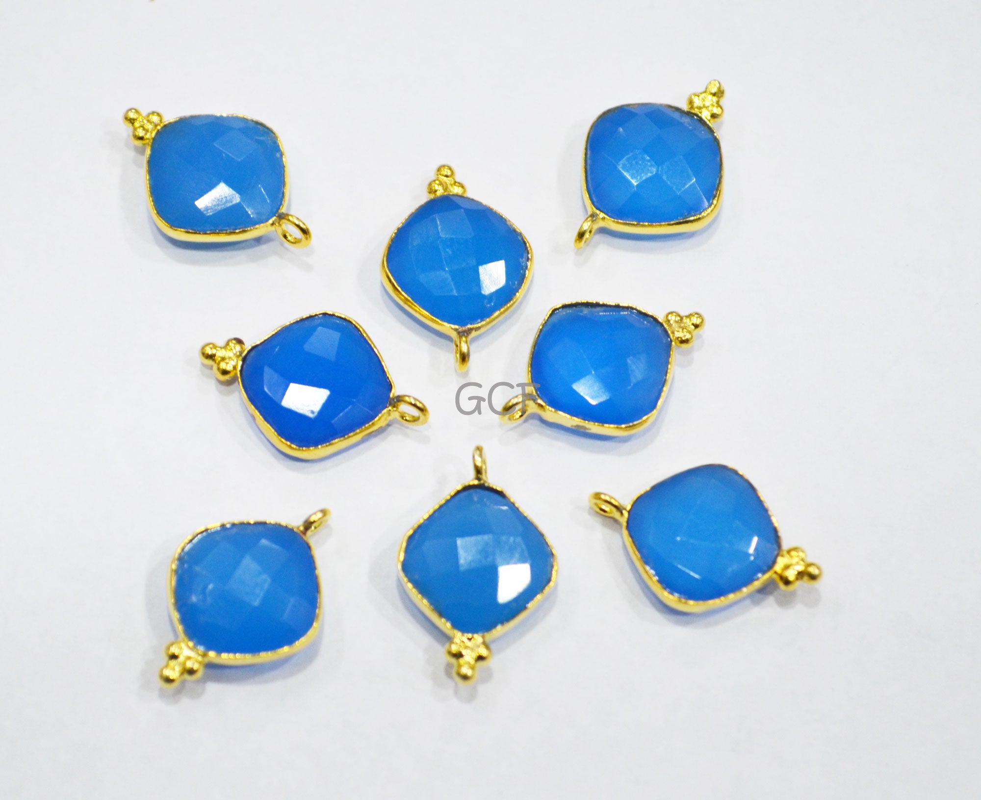 Blue Chalcedony Faceted Cushion Shape Connector , Blue Chalcedony Cushion Shape Single Bail Connector , Sold By Piece , 12 - 13 mm , RB-7140