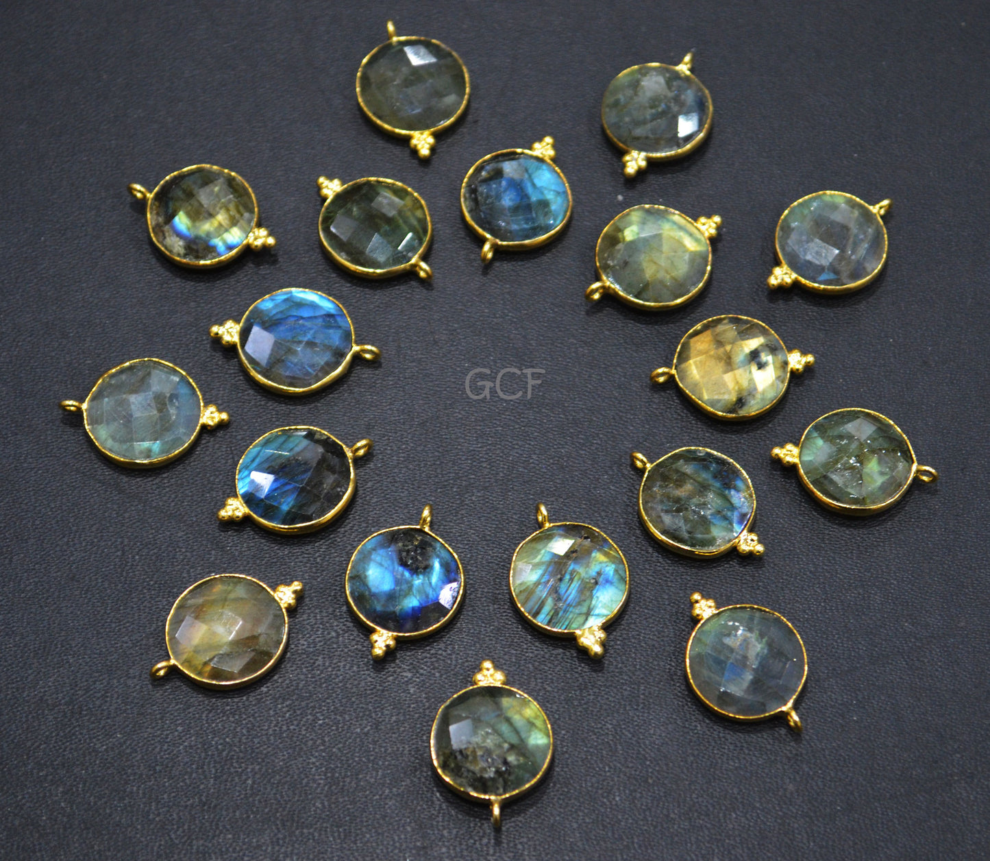 Labradorite Faceted Coin Shape Connector , Labradorite Coin Shape Single Bail Bezel Connector , Sold By Piece , 16 mm , RB-7143