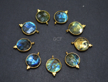 Labradorite Faceted Coin Shape Connector , Labradorite Coin Shape Single Bail Bezel Connector , Sold By Piece , 16 mm , RB-7143
