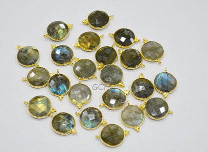 Labradorite Faceted Coin Shape Connector , Labradorite Coin Shape Single Bail Bezel Connector , Sold By Piece , 16 mm , RB-7143