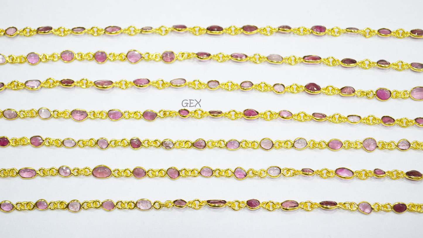 Natural Pink Tourmaline Faceted Free Form Shape Connector Chain , 5 - 7 mm , RB-7155