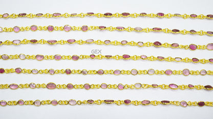 Natural Pink Tourmaline Faceted Free Form Shape Connector Chain , 5 - 7 mm , RB-7155