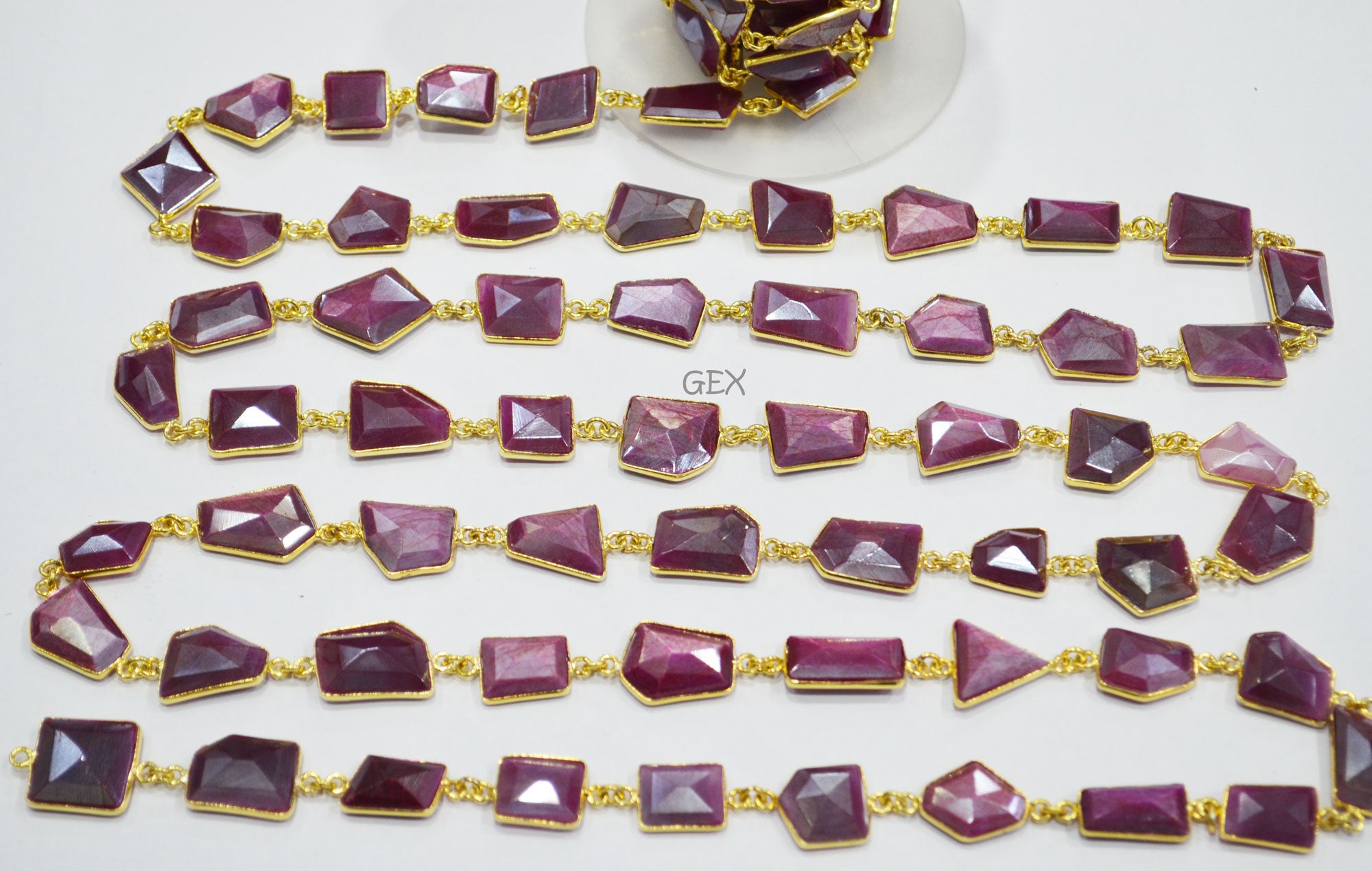 Ruby Colored Moonstone Faceted Fancy Cut Shape Connector Chain , 11x14 - 16x20 mm , RB-7157