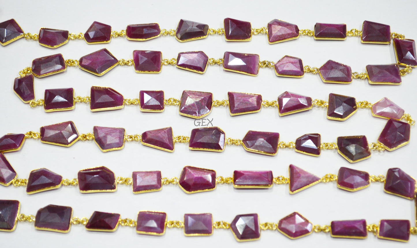 Ruby Colored Moonstone Faceted Fancy Cut Shape Connector Chain , 11x14 - 16x20 mm , RB-7157