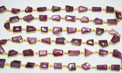 Ruby Colored Moonstone Faceted Fancy Cut Shape Connector Chain , 11x14 - 16x20 mm , RB-7157