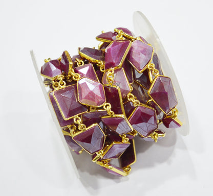 Ruby Colored Moonstone Faceted Fancy Cut Shape Connector Chain , 11x14 - 16x20 mm , RB-7157