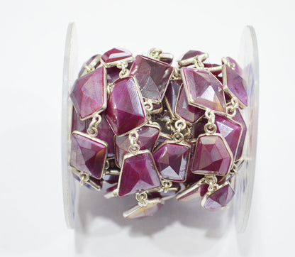 Ruby Colored Moonstone Faceted Fancy Cut Shape Connector Chain , 11x14 - 16x20 mm , RB-7157