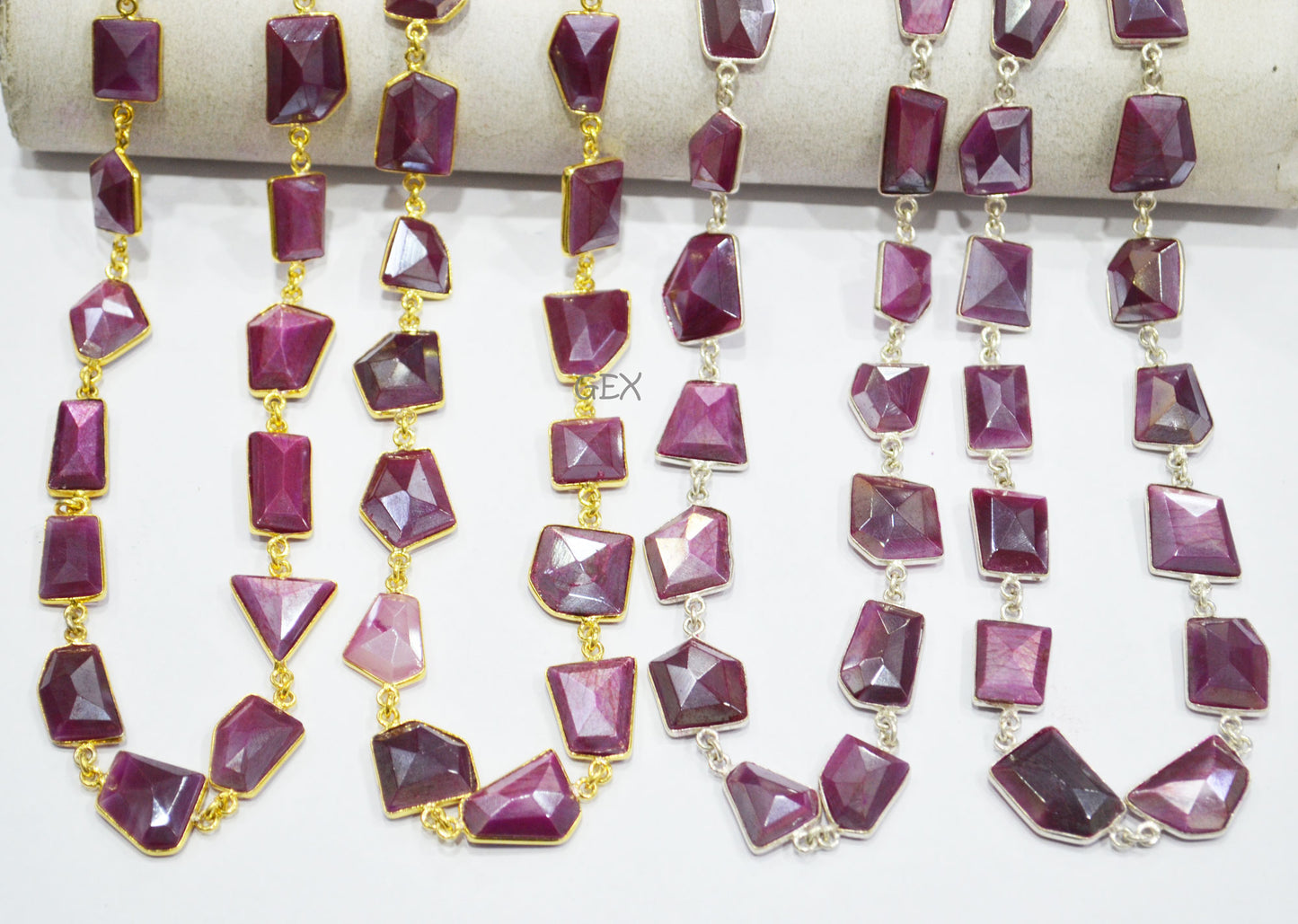 Ruby Colored Moonstone Faceted Fancy Cut Shape Connector Chain , 11x14 - 16x20 mm , RB-7157