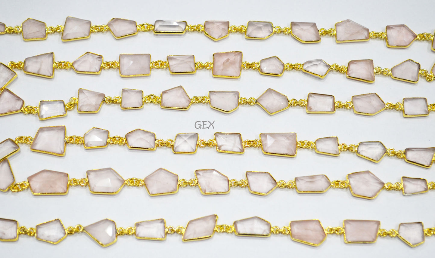 Rose Quartz Faceted Fancy Cut Shape Connector Chain , 10x12 - 13x15 mm , RB-7158