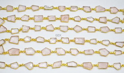 Rose Quartz Faceted Fancy Cut Shape Connector Chain , 10x12 - 13x15 mm , RB-7158