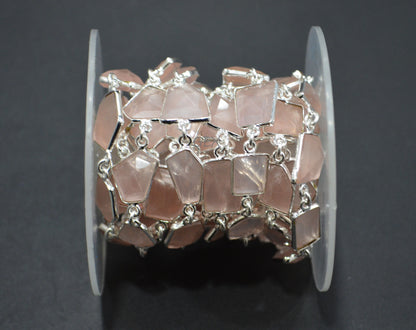 Rose Quartz Faceted Fancy Cut Shape Connector Chain , 10x12 - 13x15 mm , RB-7158
