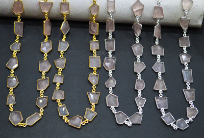 Rose Quartz Faceted Fancy Cut Shape Connector Chain , 10x12 - 13x15 mm , RB-7158