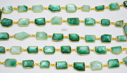 Emerald Colored Moonstone Faceted Fancy Cut Shape Connector Chain , 10x13 - 13x18 mm , RB-7159