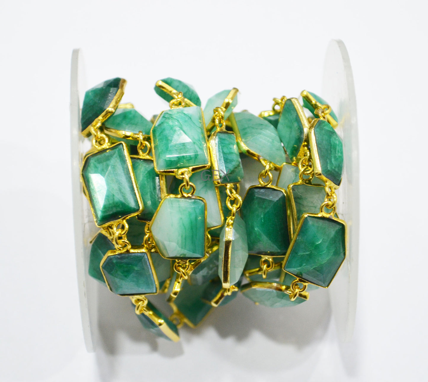 Emerald Colored Moonstone Faceted Fancy Cut Shape Connector Chain , 10x13 - 13x18 mm , RB-7159