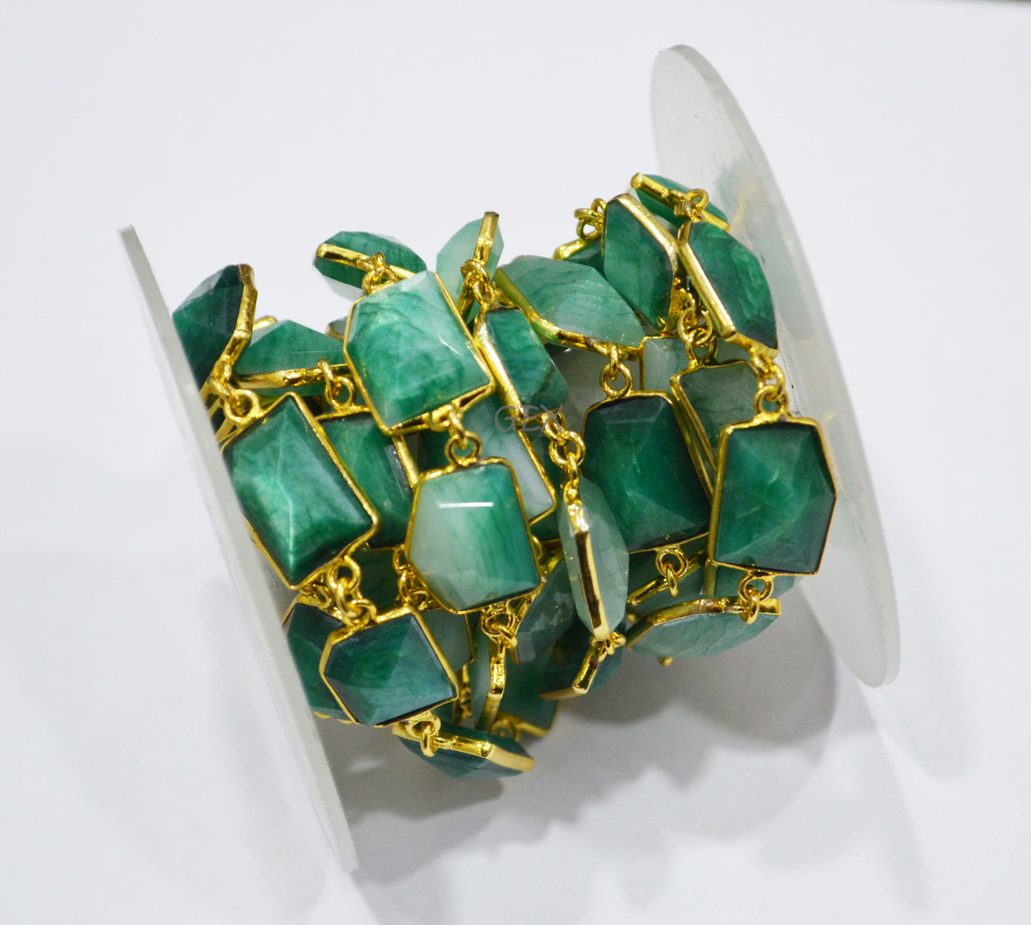 Emerald Colored Moonstone Faceted Fancy Cut Shape Connector Chain , 10x13 - 13x18 mm , RB-7159