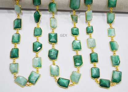 Emerald Colored Moonstone Faceted Fancy Cut Shape Connector Chain , 10x13 - 13x18 mm , RB-7159