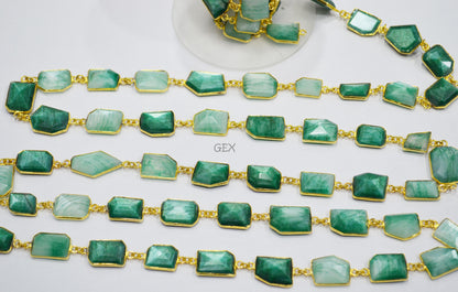 Emerald Colored Moonstone Faceted Fancy Cut Shape Connector Chain , 10x13 - 13x18 mm , RB-7159