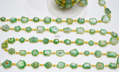 Green Solar Quartz Faceted Fancy Cut Shape Connector Chain , 9x12 - 15x17 mm , RB-7160