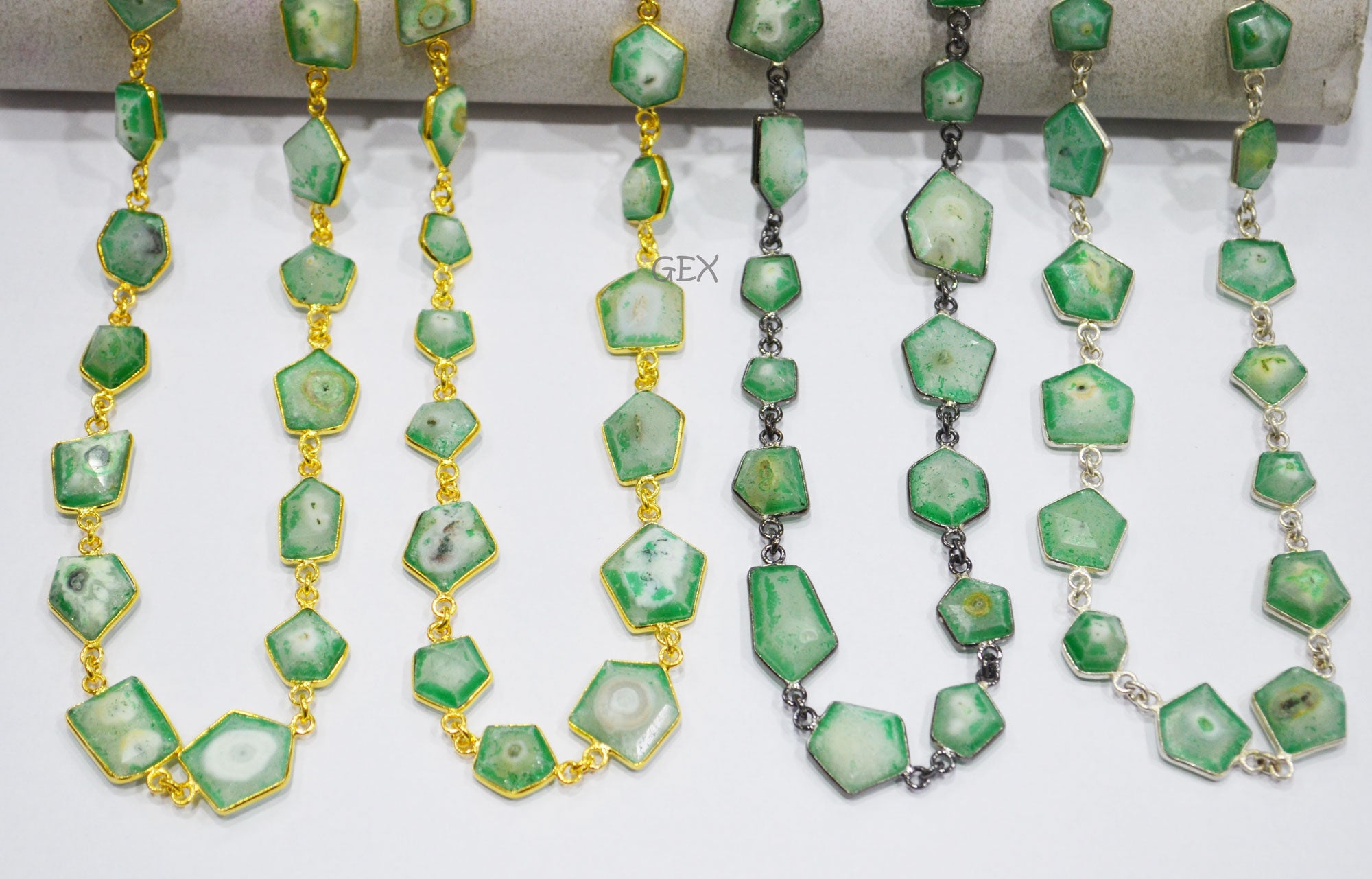 Green Solar Quartz Faceted Fancy Cut Shape Connector Chain , 9x12 - 15x17 mm , RB-7160
