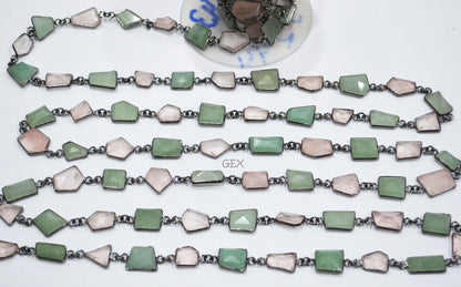 Rose Quartz And Grape Aventurine Faceted Fancy Cut Shape Connector Chain , 9x12 - 17x20 mm , RB-7161