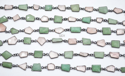 Rose Quartz And Grape Aventurine Faceted Fancy Cut Shape Connector Chain , 9x12 - 17x20 mm , RB-7161