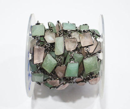 Rose Quartz And Grape Aventurine Faceted Fancy Cut Shape Connector Chain , 9x12 - 17x20 mm , RB-7161