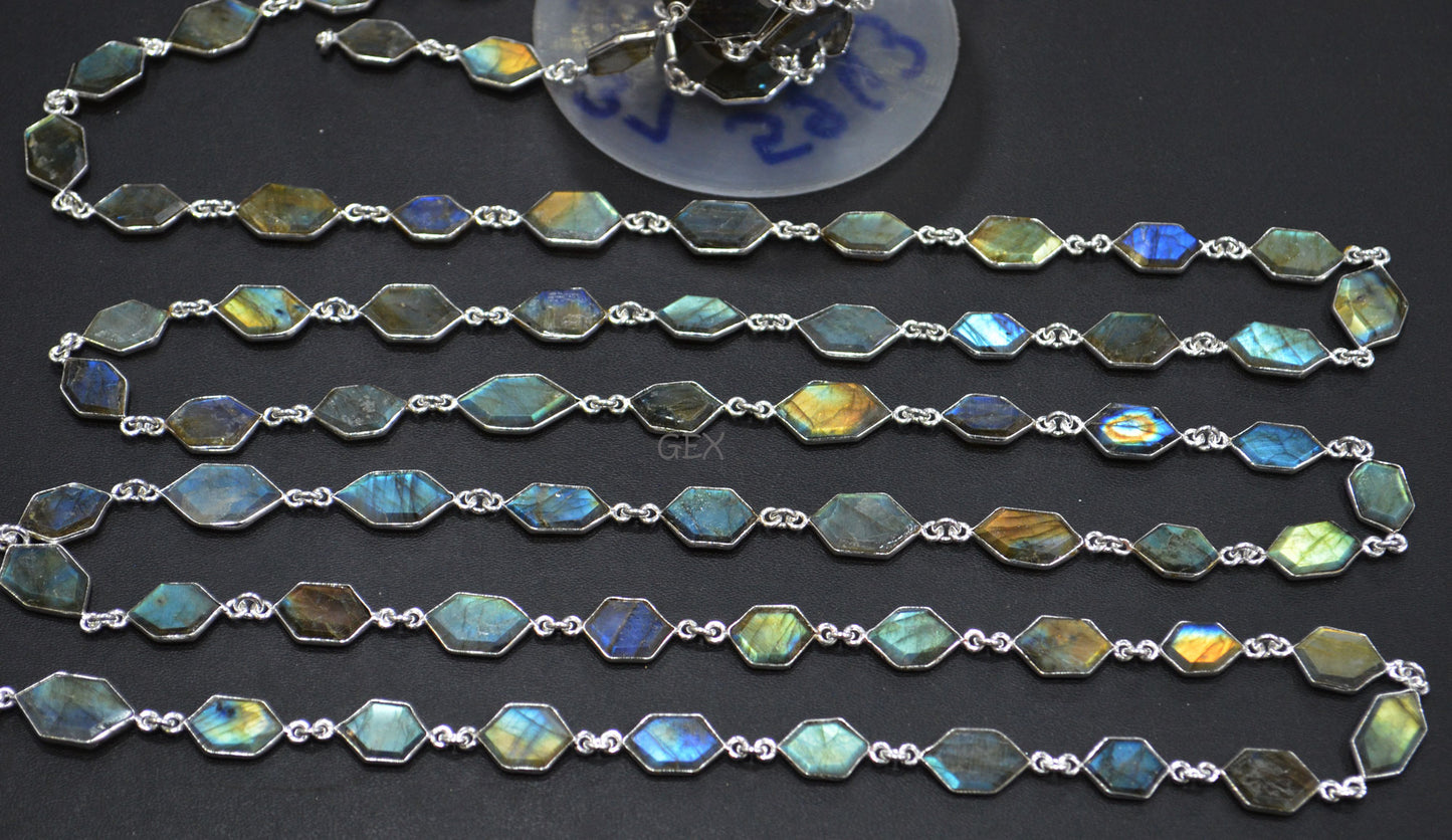 Labradorite Faceted Fancy Cut Tablets Shape Connector Chain , 8x11 - 12x15 mm , RB-7162