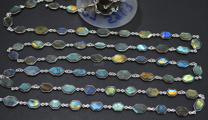 Labradorite Faceted Fancy Cut Tablets Shape Connector Chain , 8x11 - 12x15 mm , RB-7162