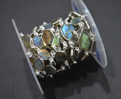 Labradorite Faceted Fancy Cut Tablets Shape Connector Chain , 8x11 - 12x15 mm , RB-7162