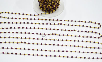 Dyed Ruby Faceted Round Shape Rosary Beaded Chain , 3 mm , RB-7163