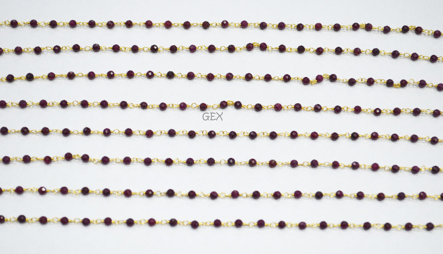 Dyed Ruby Faceted Round Shape Rosary Beaded Chain , 3 mm , RB-7163