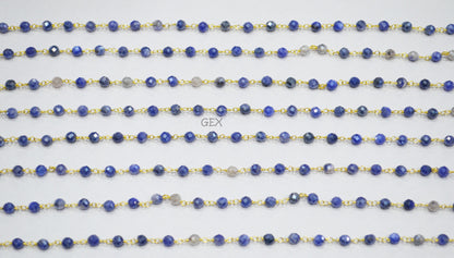 Blue Sapphire Colored Moonstone Faceted Round Shape Rosary Beaded Chain , 4 mm , RB-7164