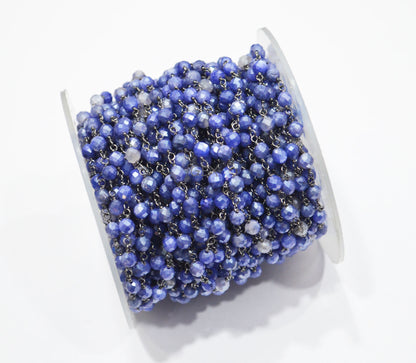 Blue Sapphire Colored Moonstone Faceted Round Shape Rosary Beaded Chain , 4 mm , RB-7164