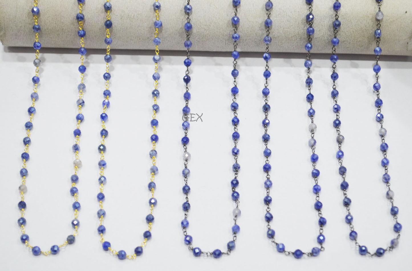 Blue Sapphire Colored Moonstone Faceted Round Shape Rosary Beaded Chain , 4 mm , RB-7164