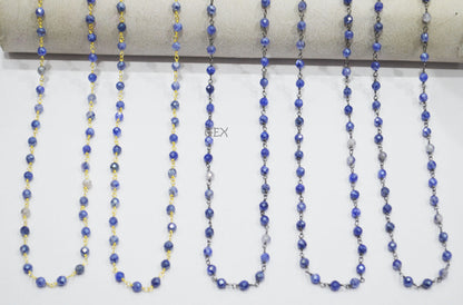 Blue Sapphire Colored Moonstone Faceted Round Shape Rosary Beaded Chain , 4 mm , RB-7164