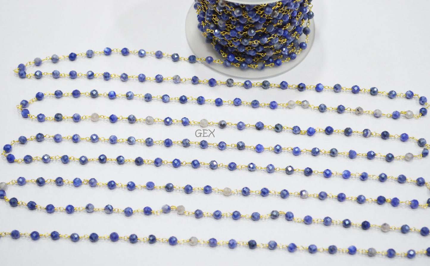 Blue Sapphire Colored Moonstone Faceted Round Shape Rosary Beaded Chain , 4 mm , RB-7164