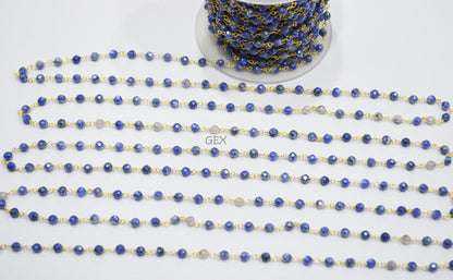Blue Sapphire Colored Moonstone Faceted Round Shape Rosary Beaded Chain , 4 mm , RB-7164