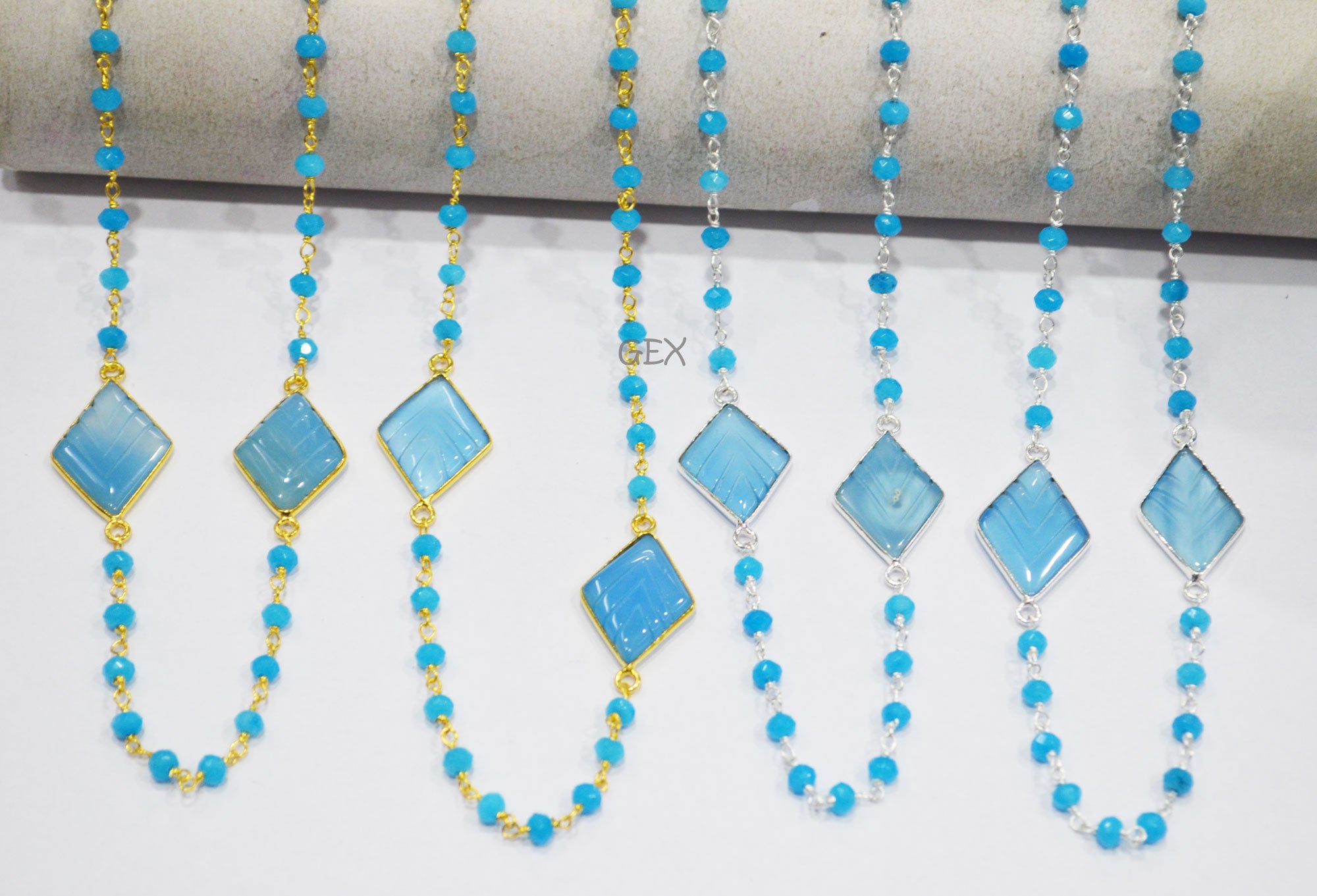 Neon Jade Faceted Rondelle Shape Rosary Beaded Chain , Neon Chalcedony Carved Diamond Shape Connector Wire Wrapped Chain , 4 mm , RB-7165