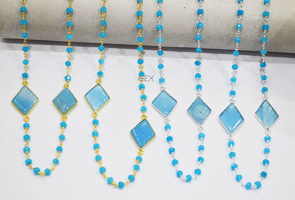 Neon Jade Faceted Rondelle Shape Rosary Beaded Chain , Neon Chalcedony Carved Diamond Shape Connector Wire Wrapped Chain , 4 mm , RB-7165