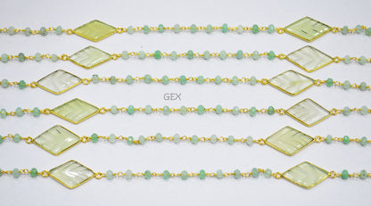 Aqua Jade Faceted Rondelle Shape Rosary Beaded Chain , Aqua Chalcedony Carved Diamond Shape Connector Wire Wrapped Chain , 4 mm , RB-7166